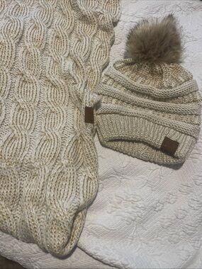 Sparkle Knit Beanie and Scarf Set - Cream with Gold Thread C.C Faux Fur Pom Pom